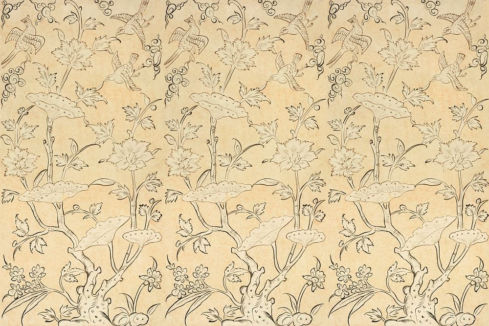 Vintage bird floral pattern background vector, featuring public domain artworks