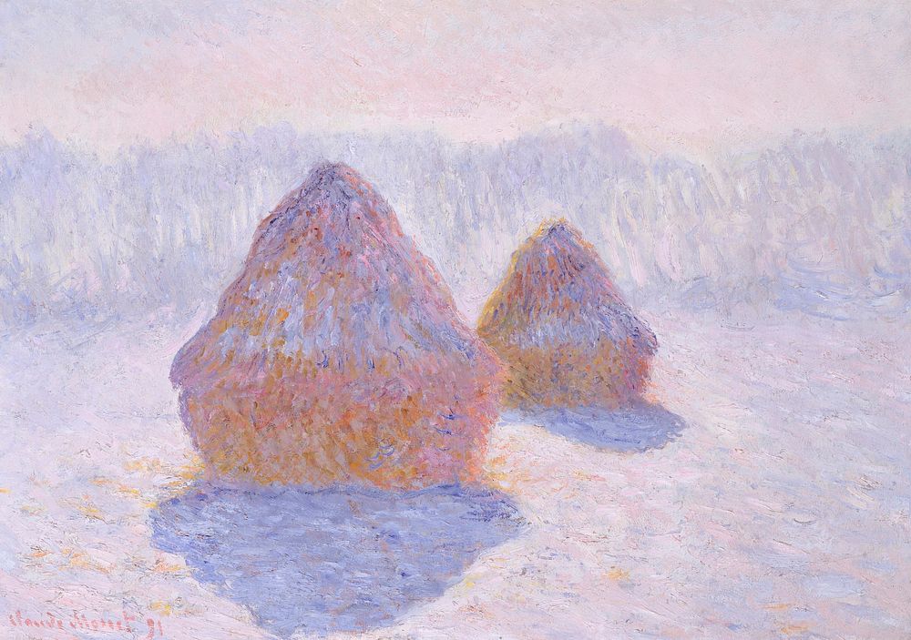 Haystacks (Effect of Snow and Sun) (1891) by Claude Monet, high resolution famous painting. Original from The MET. Digitally…