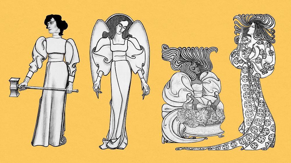 Art nouveau women in different activities set, remixed from the artworks of Jan Toorop.