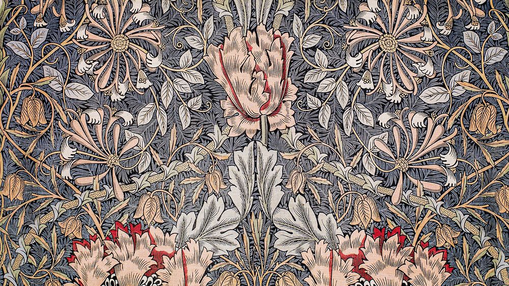 Floral desktop wallpaper, abstract background remix from artwork by William Morris, vintage Honeysuckle design