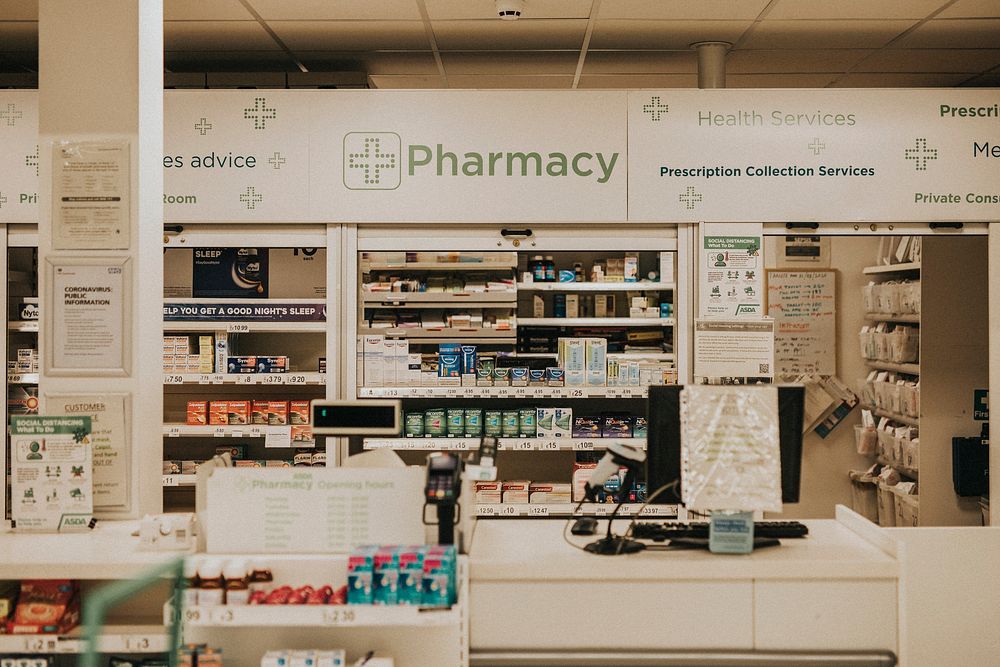 Pharmacy in a supermarket during coronavirus pandemic. BRISTOL, UK, March 30, 2020