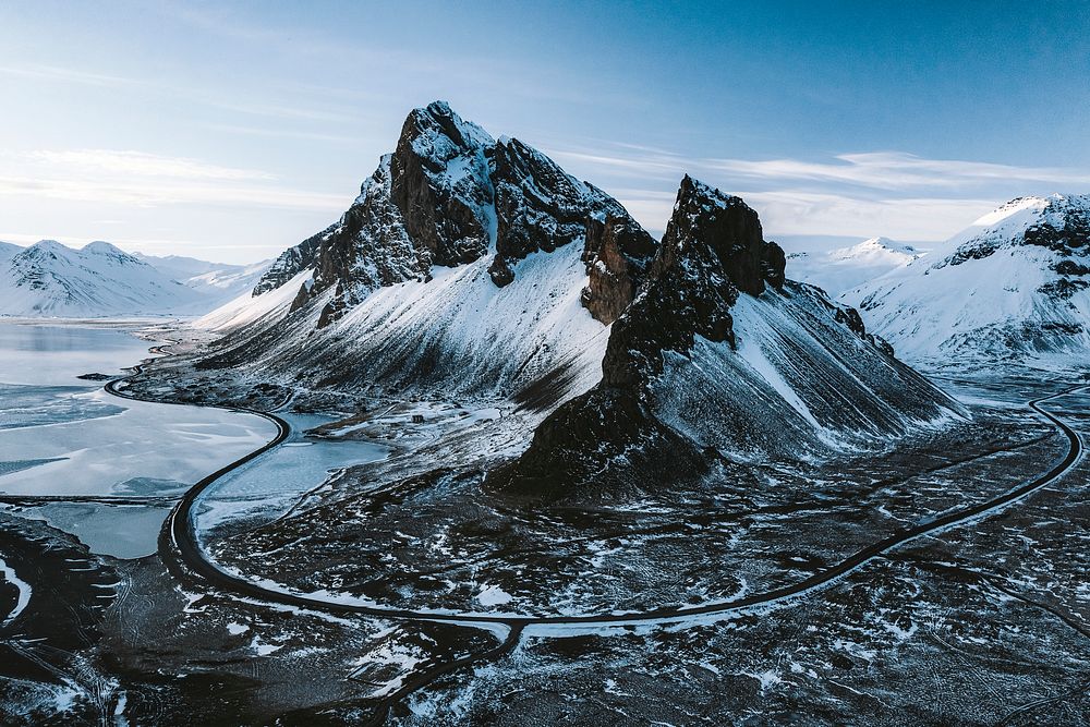 Drone view of a snow covered Eystrahorn mountain in Iceland