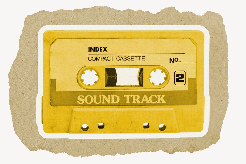 Retro cassette tape, ripped paper collage element