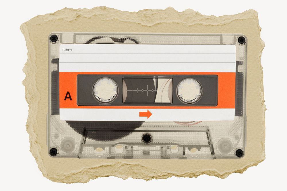 Cassette tape, ripped paper collage element