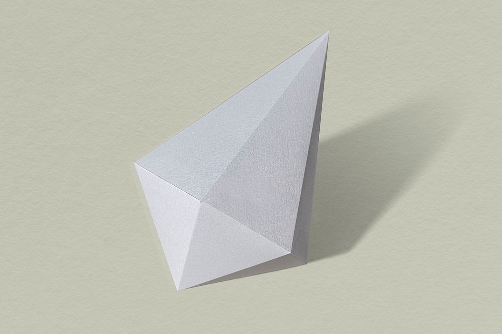 3D silver asymmetric hexagonal bipyramid paper craft on a sage green background