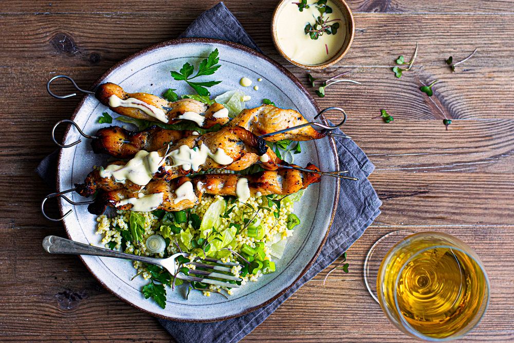 Grilled chicken skewers and green salad menu recipe idea