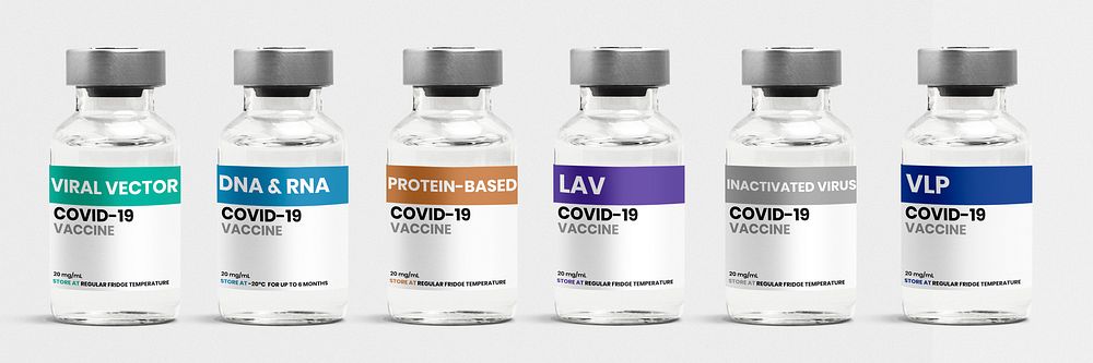 Different types of COVID-19 vaccine in glass vial bottles with labels