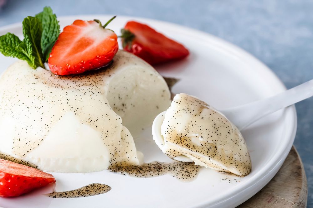 Strawberry panna cotta yummy dessert served on a plate food photography