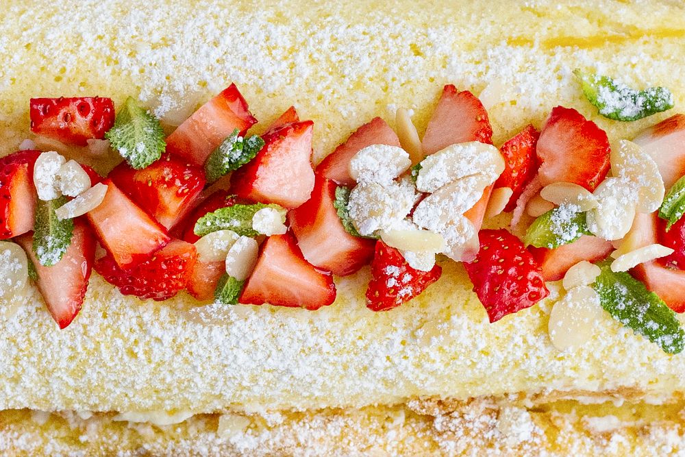 Strawberry Swiss roll flat lay food photography