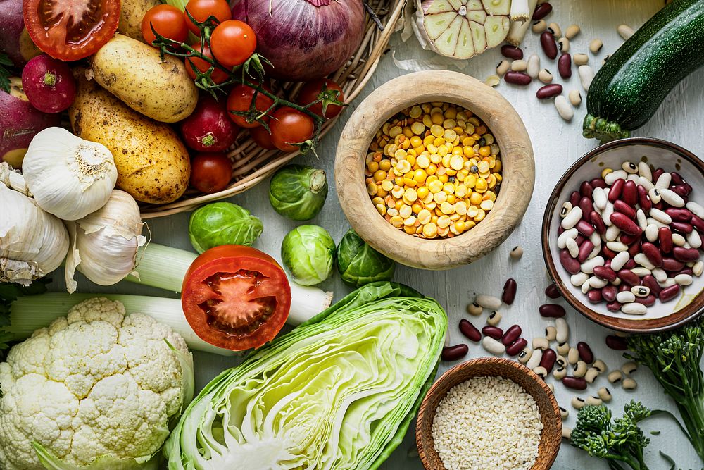 Healthy vegan lifestyle with veggies flat lay food photography