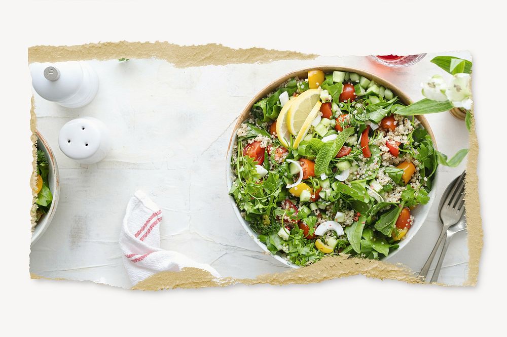 Salad bowl, ripped paper, healthy food image