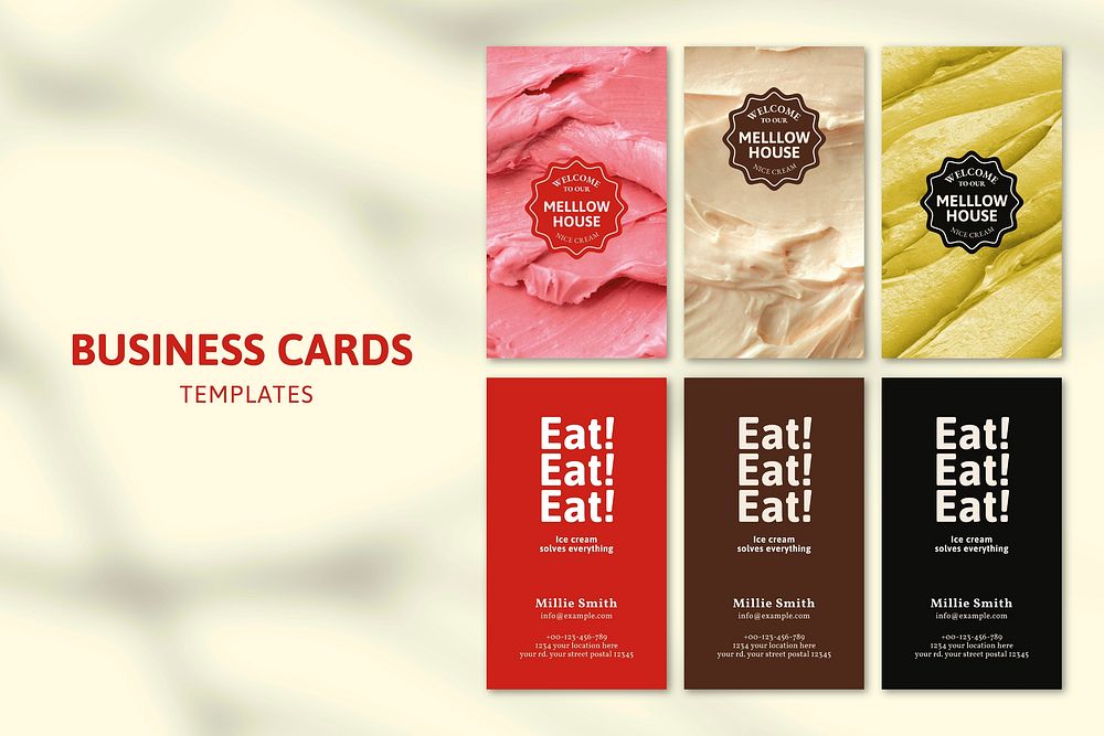 Ice cream business card template vector set with frosting texture