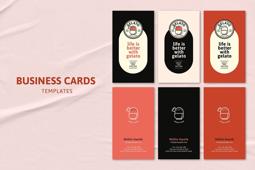 Gelato business card template vector set with cute doodle