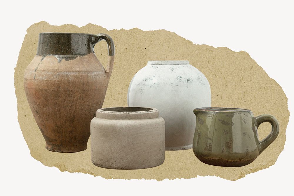 Vintage pots, home decor on ripped paper