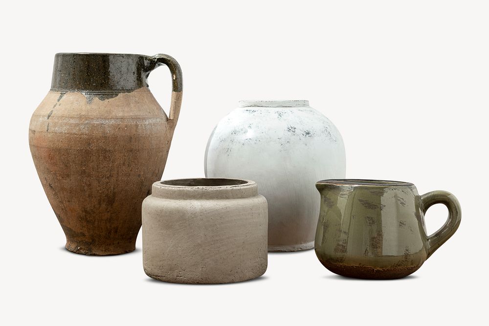 Vintage pots collage element, home decor design psd