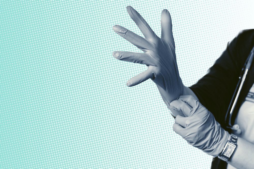 Doctor wearing latex gloves to prevent coronavirus contamination background