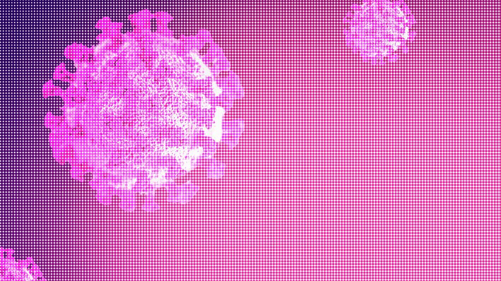 Pink coronavirus cells under microscope background