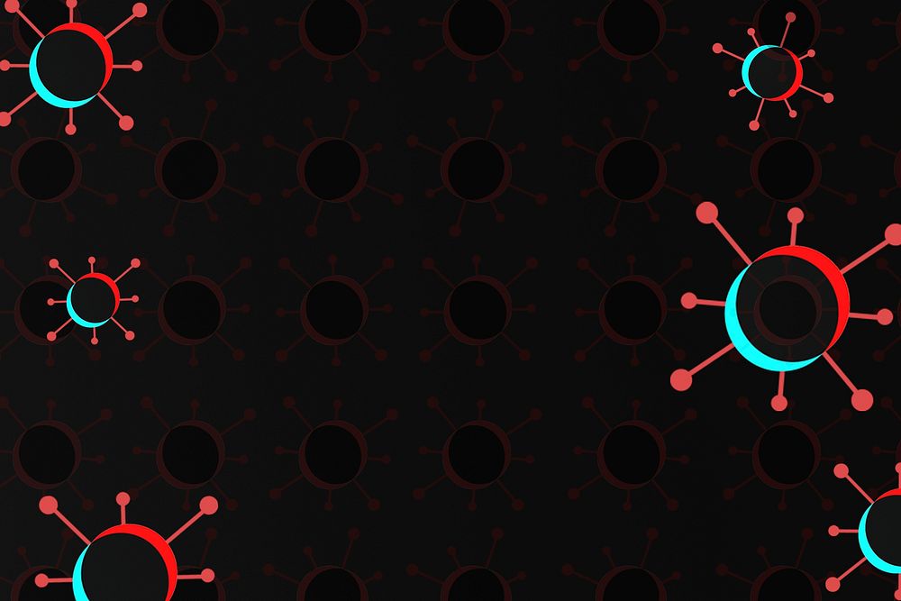 Red and blue coronavirus cells on a black background