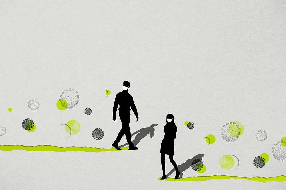 Man and woman's silhouette wearing masks with coronavirus contaminated background