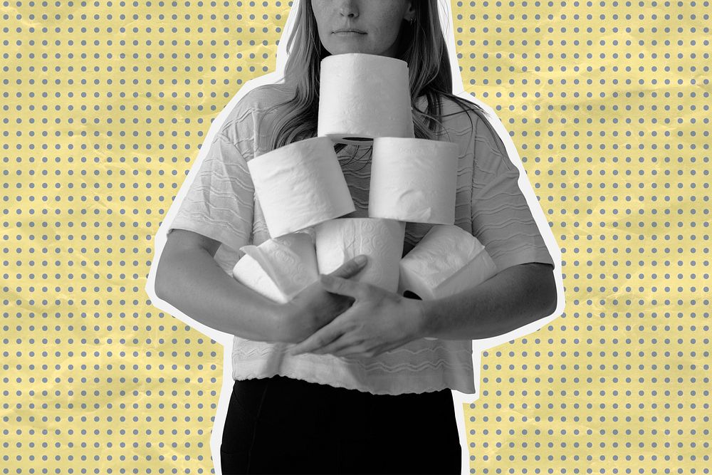 Woman hoarding toilet paper during the coronavirus pandemic