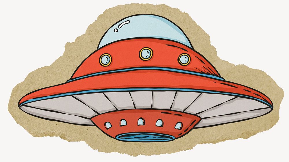 UFO cartoon, ripped paper collage element