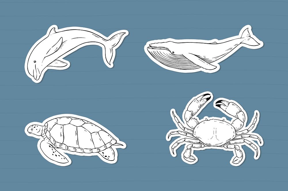 Vector sea animal sticker collection black and white