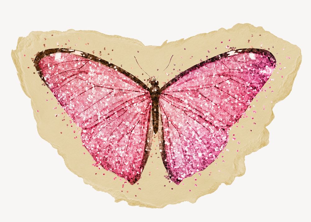Pink glittery butterfly, ripped paper collage element