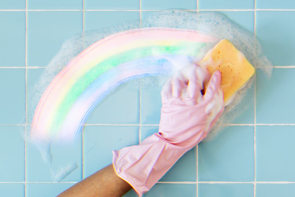 Woman in pink gloves scrubbing the bathroom tiles
