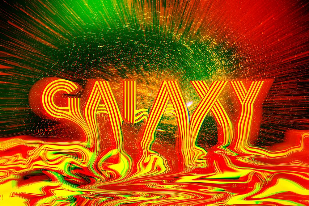 Yellow melting galaxy typography on a starry galaxy background design 
