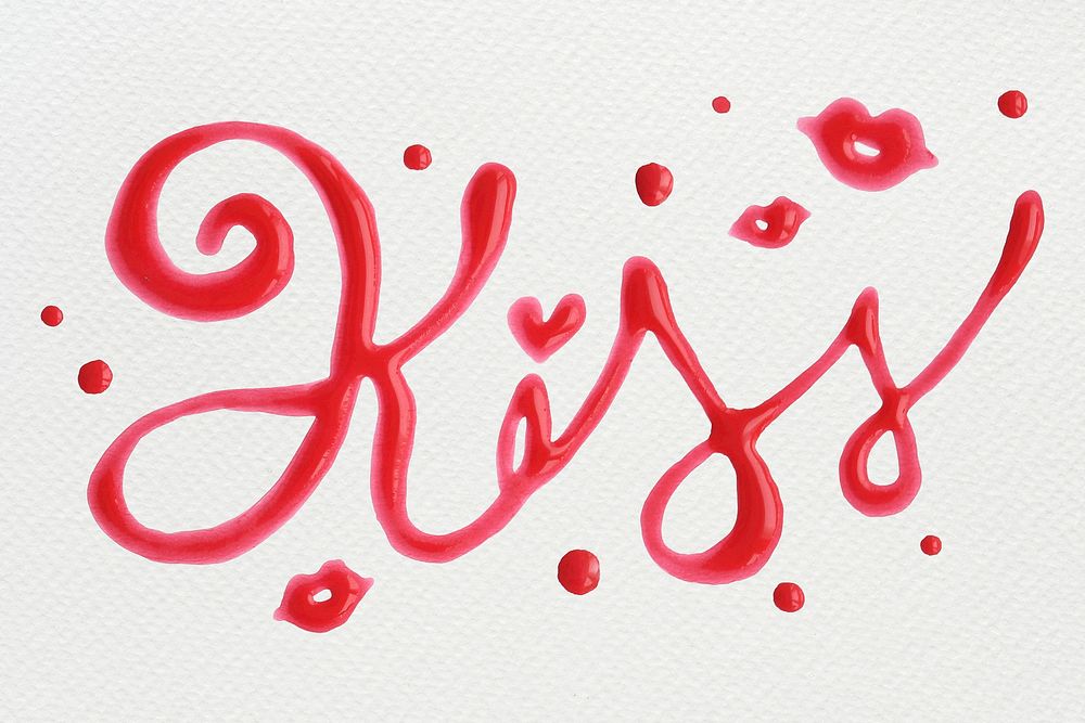 Red cursive Kiss oil paint typography on a gray background