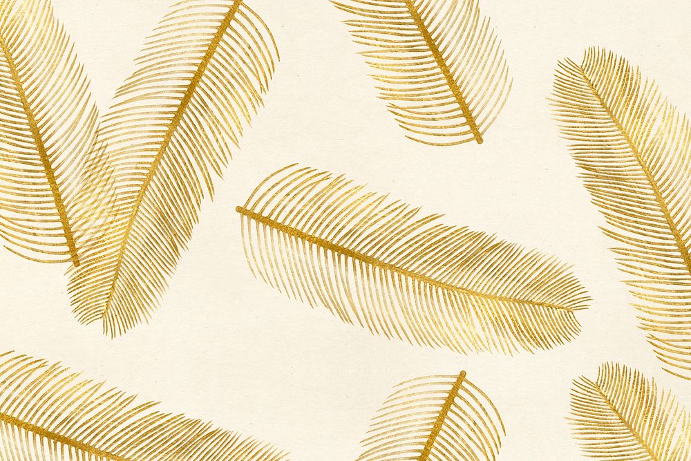Palm leaf gold metallic pattern on beige textured background