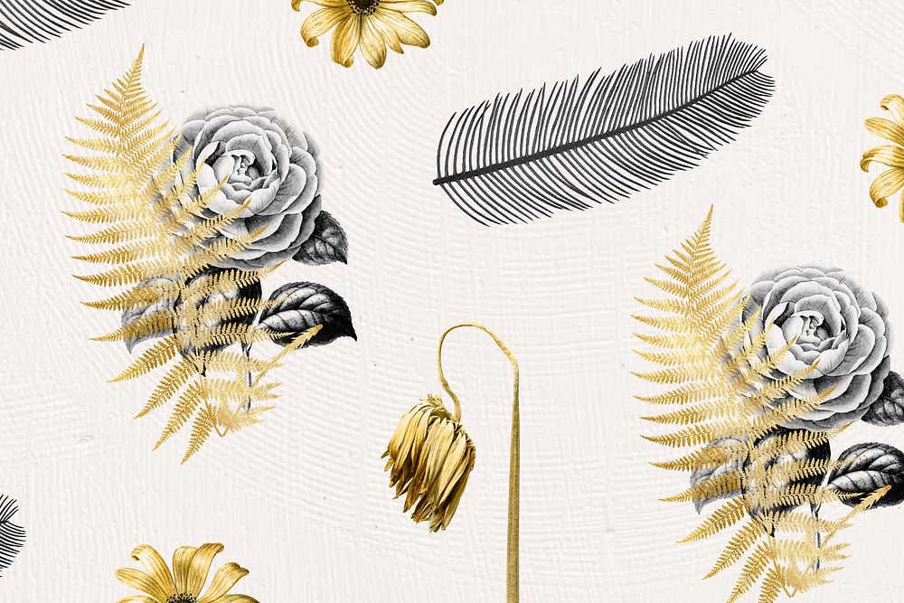Flowers and leaf metallic gold hand drawn botanical pattern