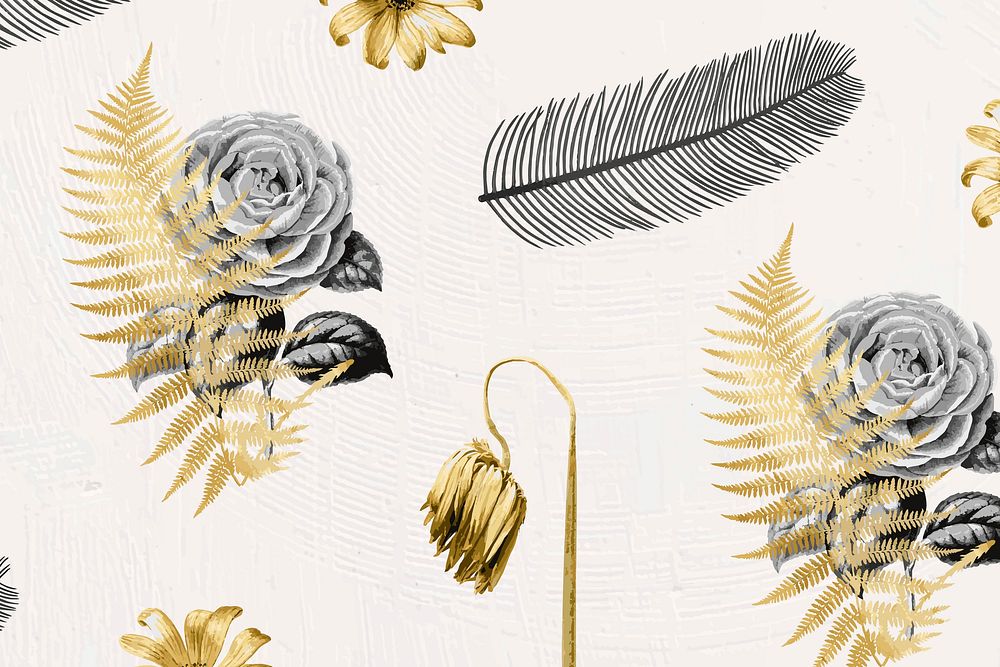 Vector flowers and leaf metallic gold hand drawn botanical pattern