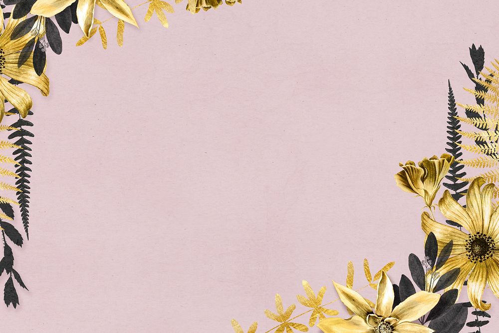 Golden flowers border frame on pink textured background