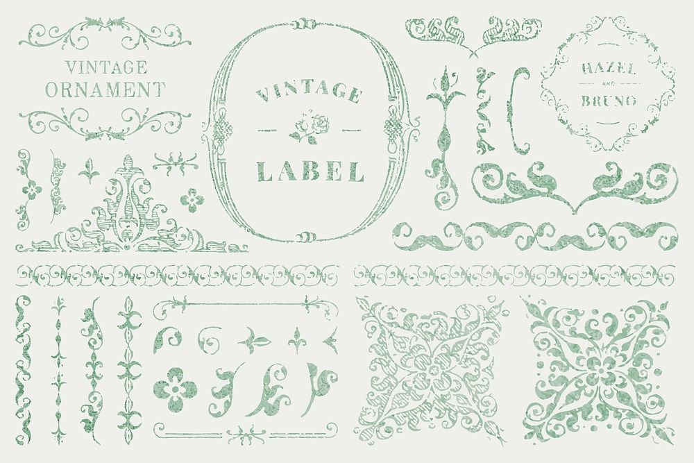 Vintage green glitter ornamental vector element set, remix from The Model Book of Calligraphy Joris Hoefnagel and Georg…