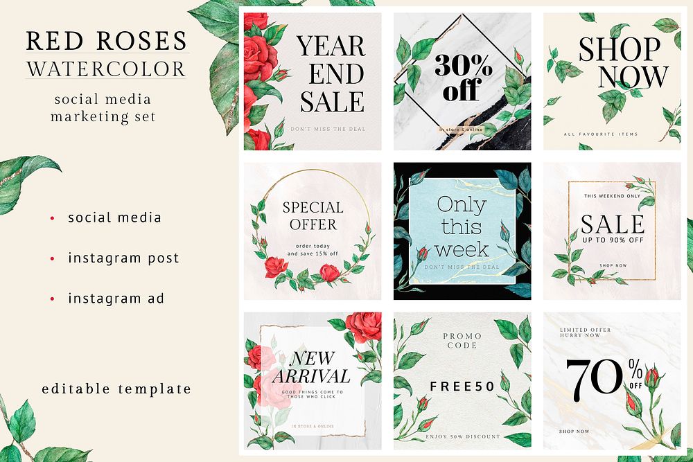 Red rose editable template vector set for social media marketing posts