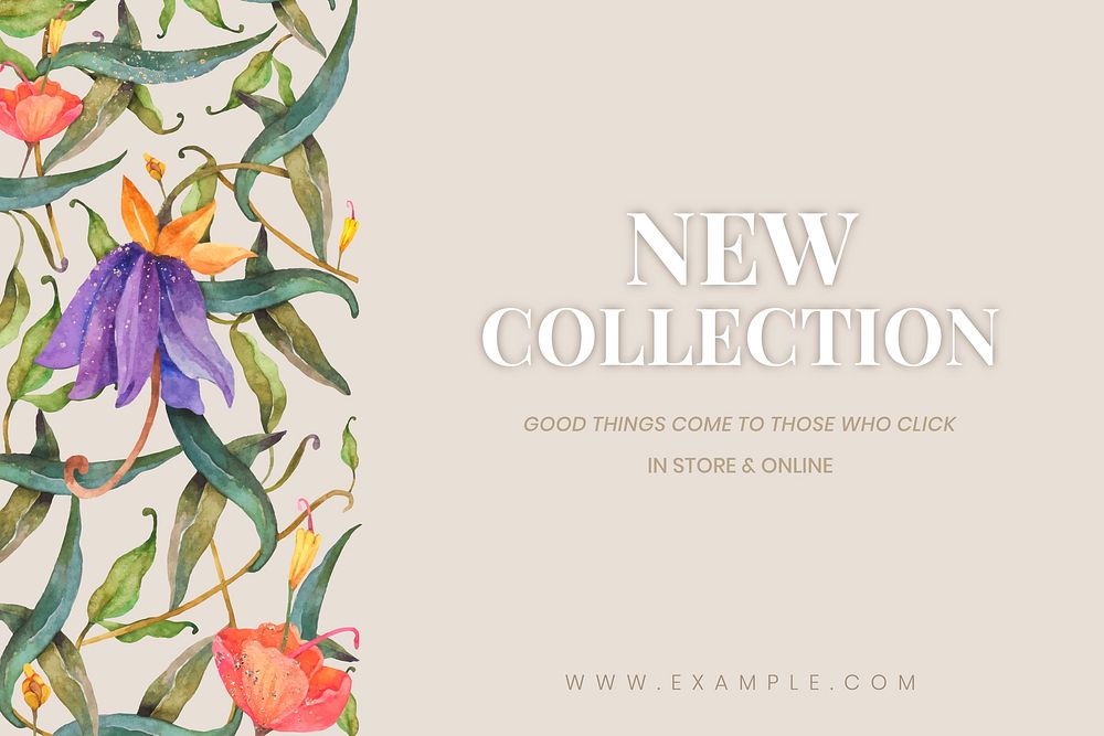 Editable social banner template vector with watercolor peacocks and flowers on beige background for new collection ads
