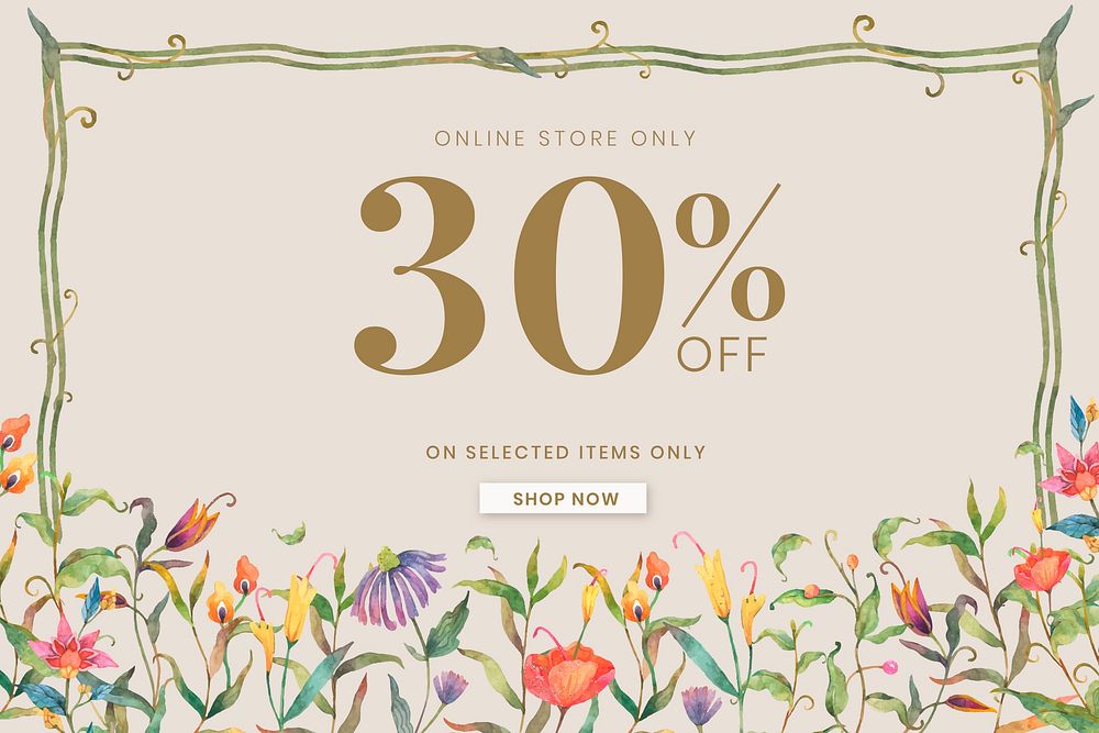 Editable sale banner template vector with watercolor peacocks and flowers on beige background with 30% off
