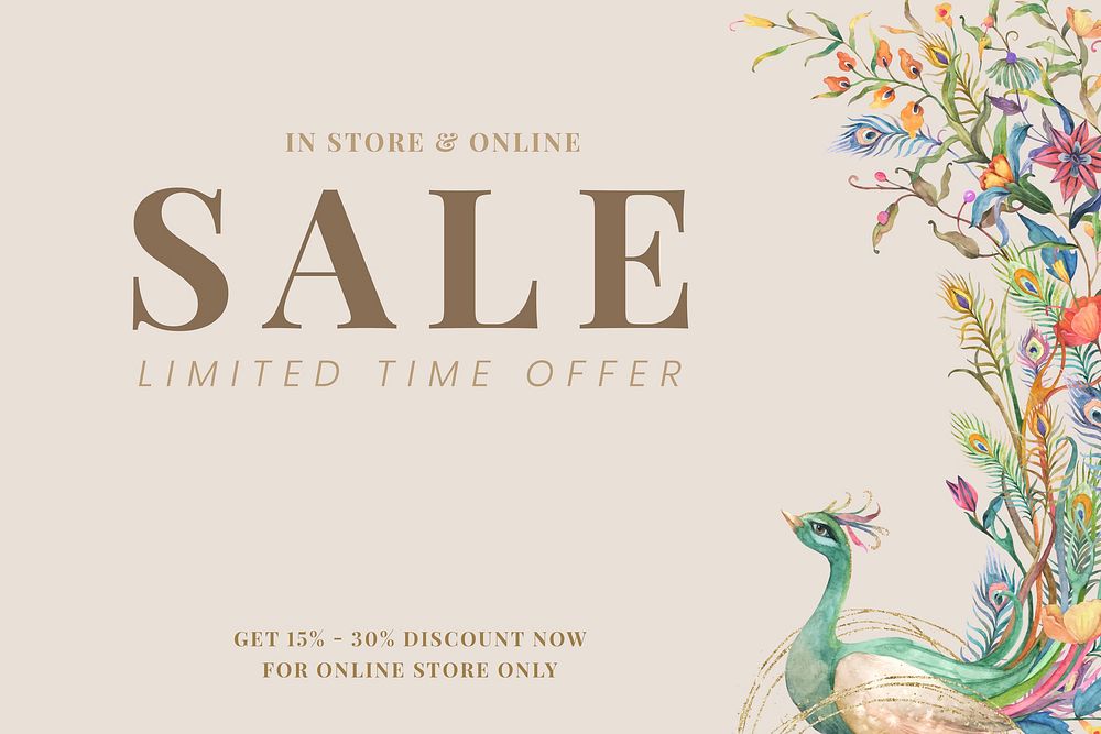 Editable sale banner template vector with watercolor peacocks and flowers on beige background for limited time offer sale