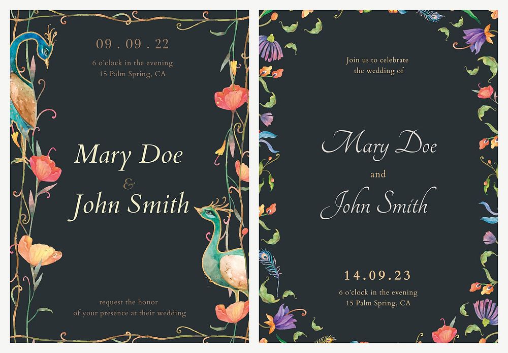 Editable invitation card templates vector with watercolor peacocks and flowers illustration