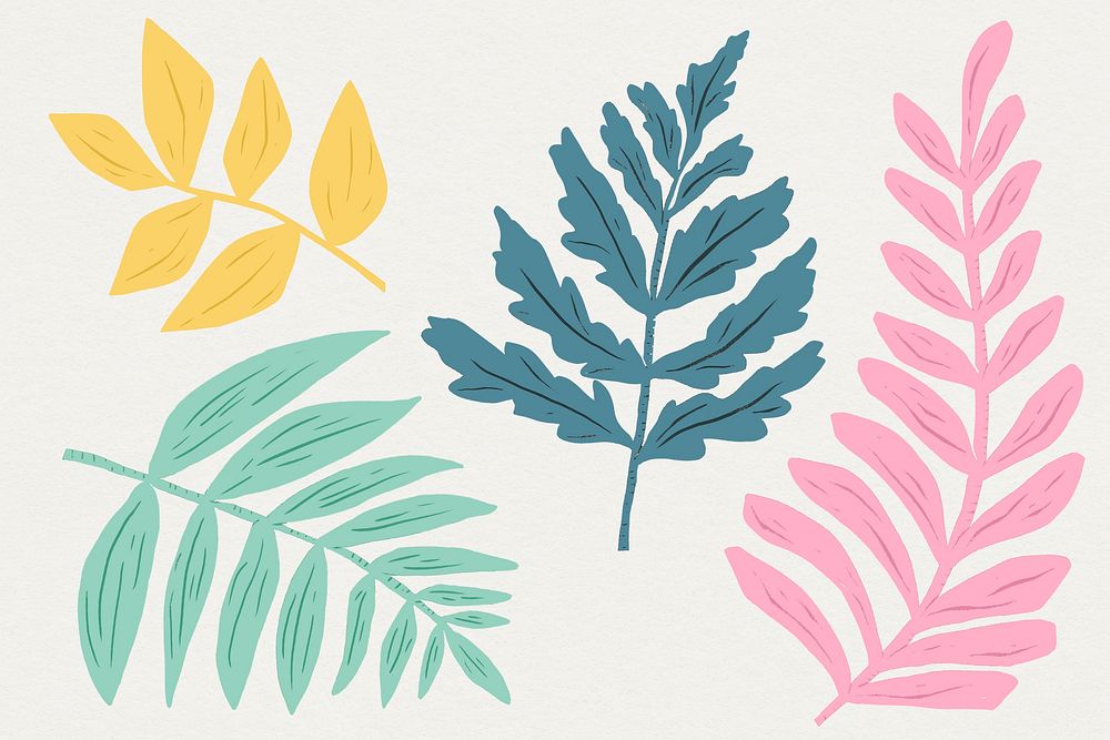 Vintage linocut leaves vector hand drawn collection