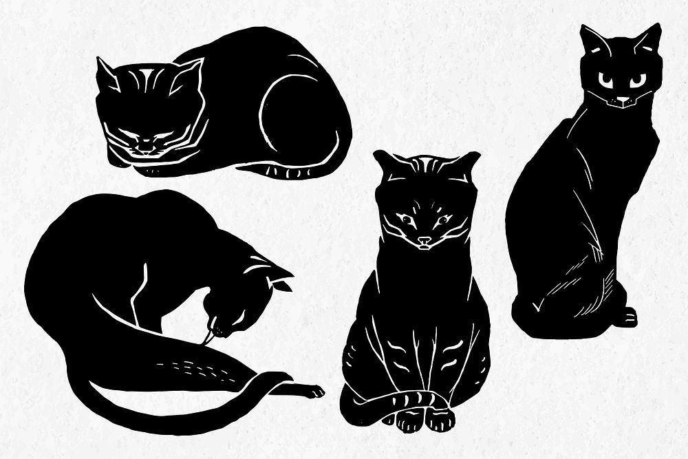 Vintage linocut black cats vector clipart collection