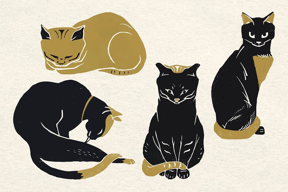 Cats vector animal vintage gold black linocut illustration set