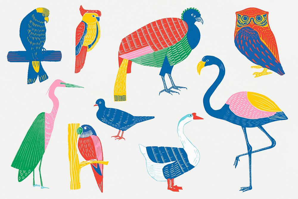 Vintage wild birds vector illustration set