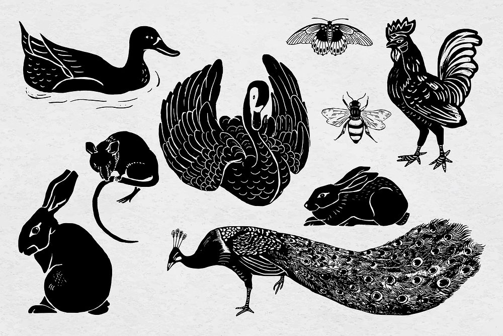 Animals vector black linocut stencil pattern drawing set