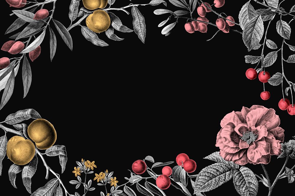 Rose frame vintage floral psd illustration and fruits on black background