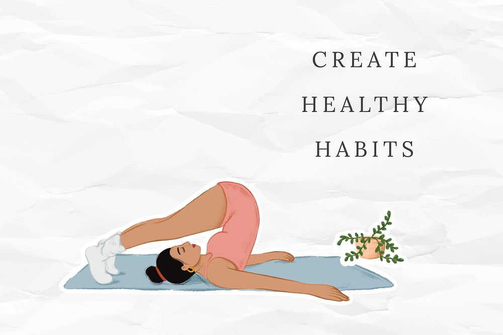 Create healthy habits template vector with woman character doing yoga