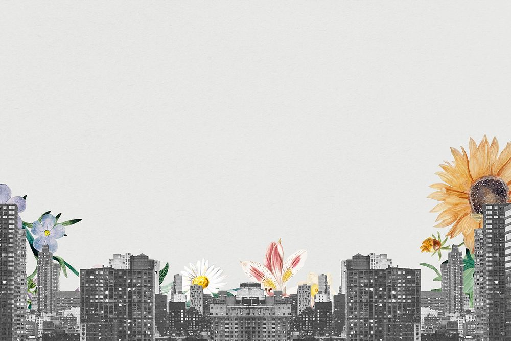 Creative background psd of grayscale cityscape and flowers remixed media design space