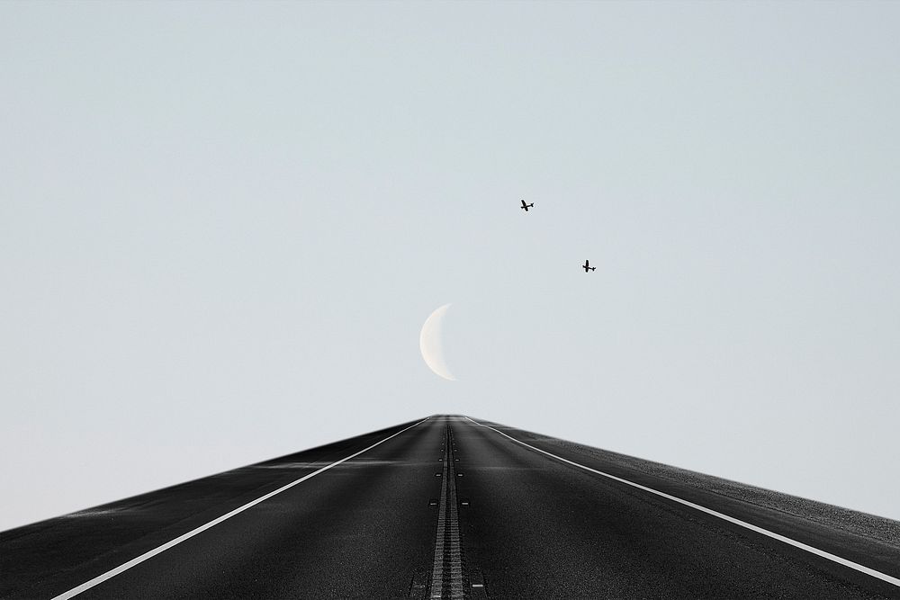 Abstract background psd of road to the moon with birds flying