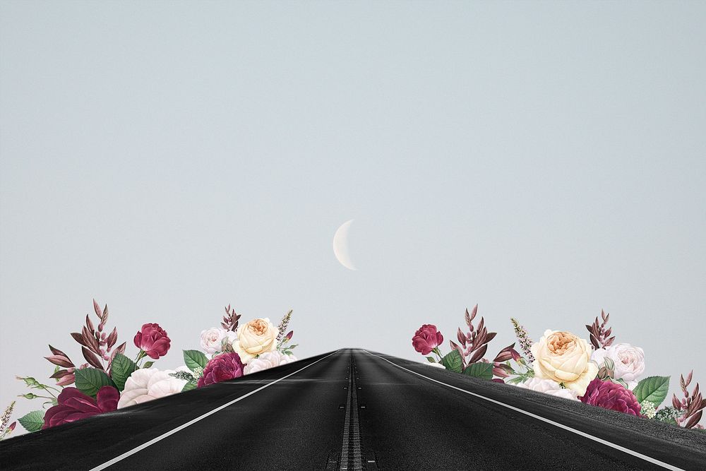 Abstract background psd of road to the moon with flowers mixed media